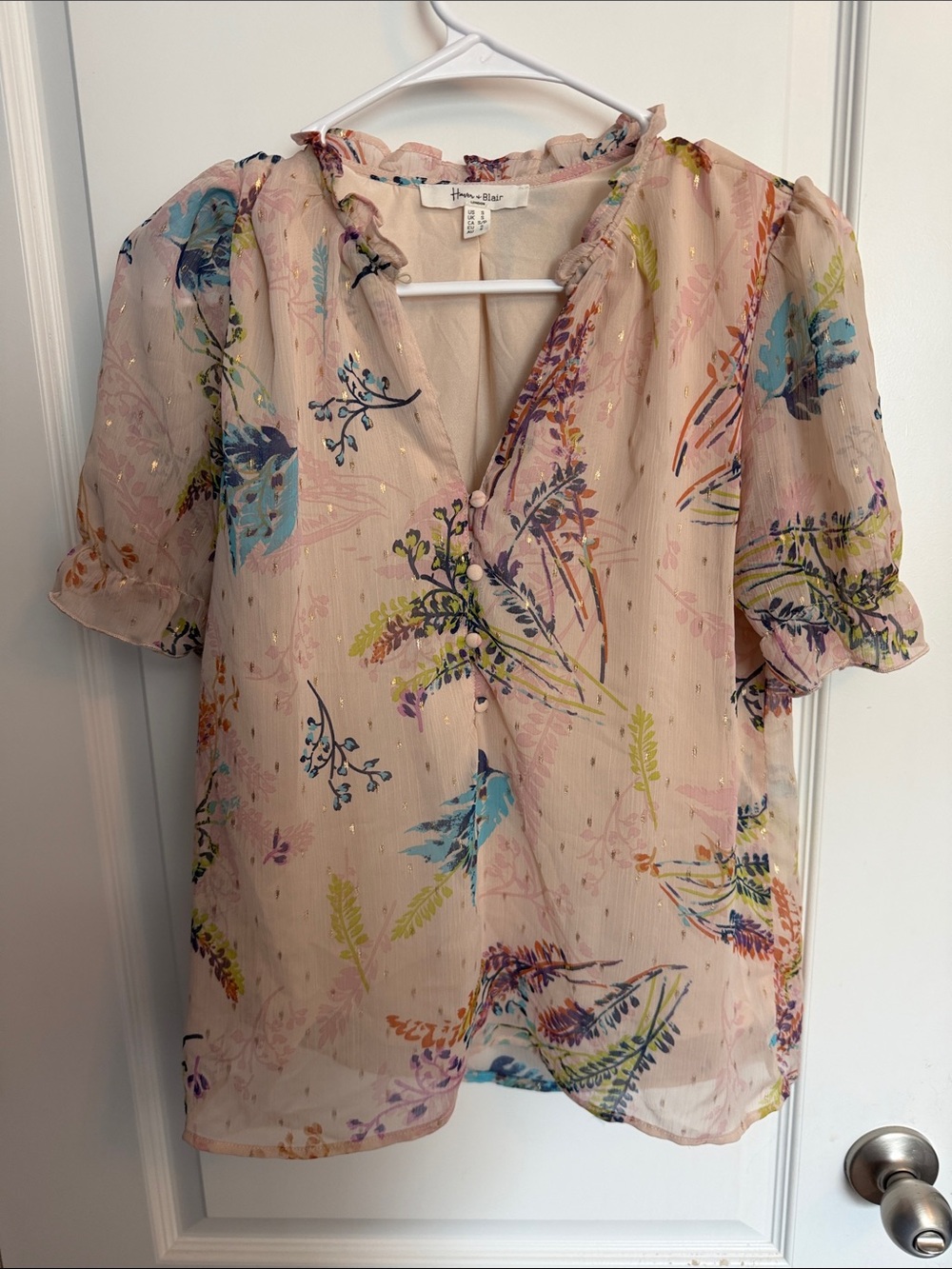 Haver Blair London Botanical Blouse Blush Cream Gold Lurex Puff Sleeve Ruffle S